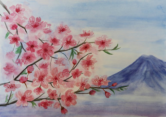 Sakura tree blossom and Fuji mountain on the background
