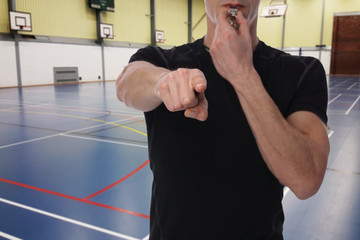 Basketball, handball trainer with workout plan close up on basketball field. Team sport, fitness...