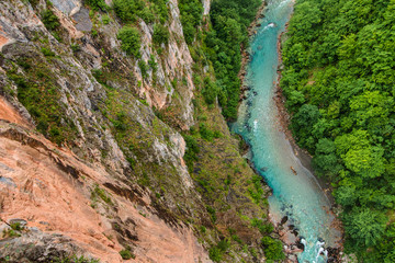 Aerial view of blue Tara river and deep canyon. Montenegro. Durmitor National Park. 