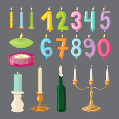 Vector candle birthday numbers with fire.