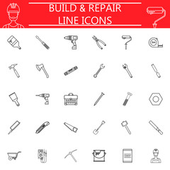 Build & Repair line pictograms package, construction symbols collection, vector sketches, logo illustrations, Tools linear icon set isolated on white background, eps 10.