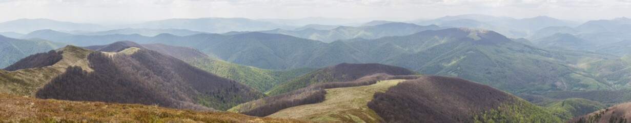 panoramic view of mountains in early spring; hills are covered with bare trees