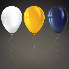 Inflatable air flying balloons isolated on dark background. Close-up look at black, white and yellow balloons with reflects. Realistic 3D vector illustration