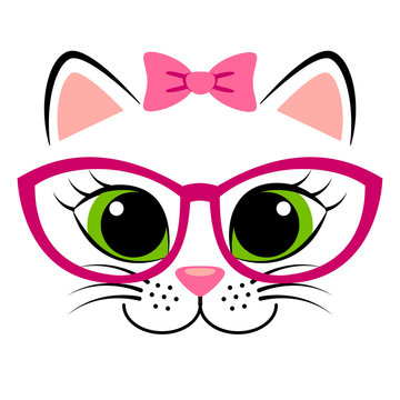 Cute white kitten with pink bow and glasses. Girlish print with kitty for t-shirt
