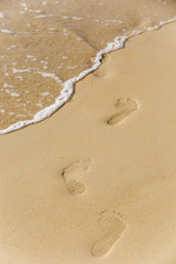 Footprints on wet beach sand