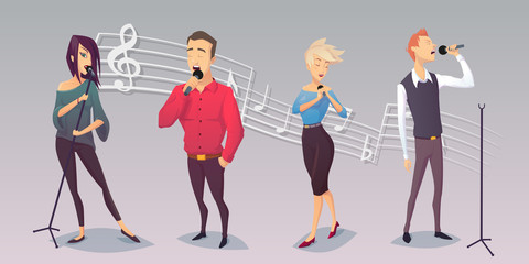 Isolated set of people singing on white background. Cartoon style. Vector illustration