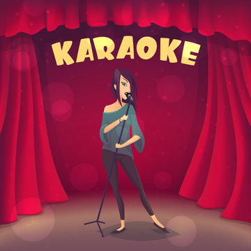 Brunette girl singing Karaoke on the scene. Cartoon style. Vector illustration