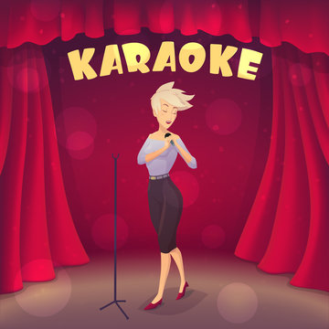 Blonde girl singing Karaoke on the scene. Cartoon style. Vector illustration