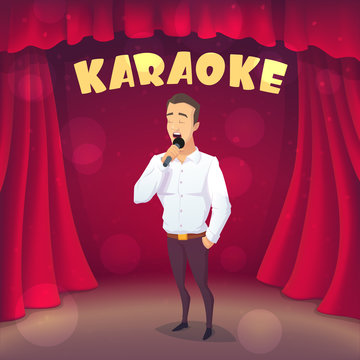 Muscular guy singing Karaoke on scene. Cartoon style. Vector illustration