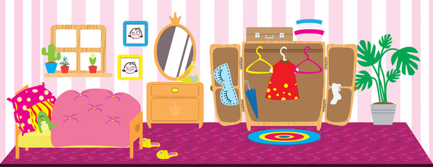 Dolls room interior. Horizontal back banner. Flat style cartoon illustration.