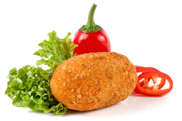 fried breaded cutlet with lettuce isolated on white background