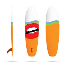 surfboard with woman lips on it illustration