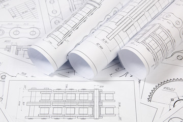 Technical drawing of driving roller chain. Engineering, technology and metalworking