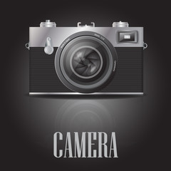 Vector. Retro camera on black background, icon. Realistic style.