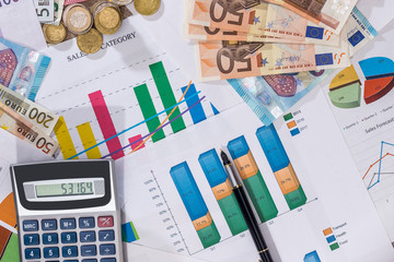 Business diagram  with euro coins, euro bills and calculator.