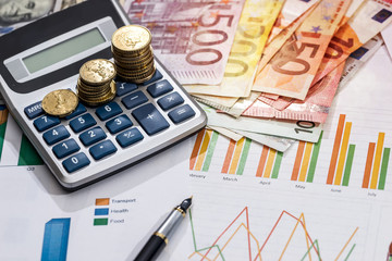 European union currency with calculator, business chart on desk.