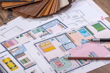 architectural plan for building a house with work tools.