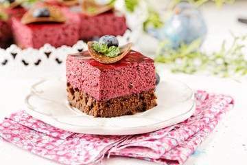 Brownie with blueberry mousse