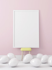 Frame poster blank mockup with balloons on the floor 3d rendering