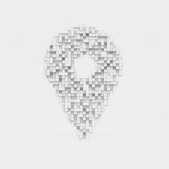 Fototapeta premium Rendering white geolocation marker made up of many square uneven blocks.