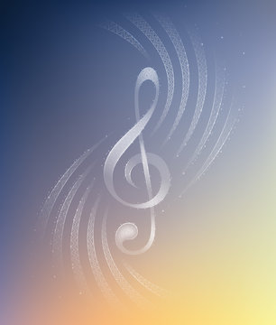treble clef decorated geometric patterns and shiny stars on sky background, vector illustration 
