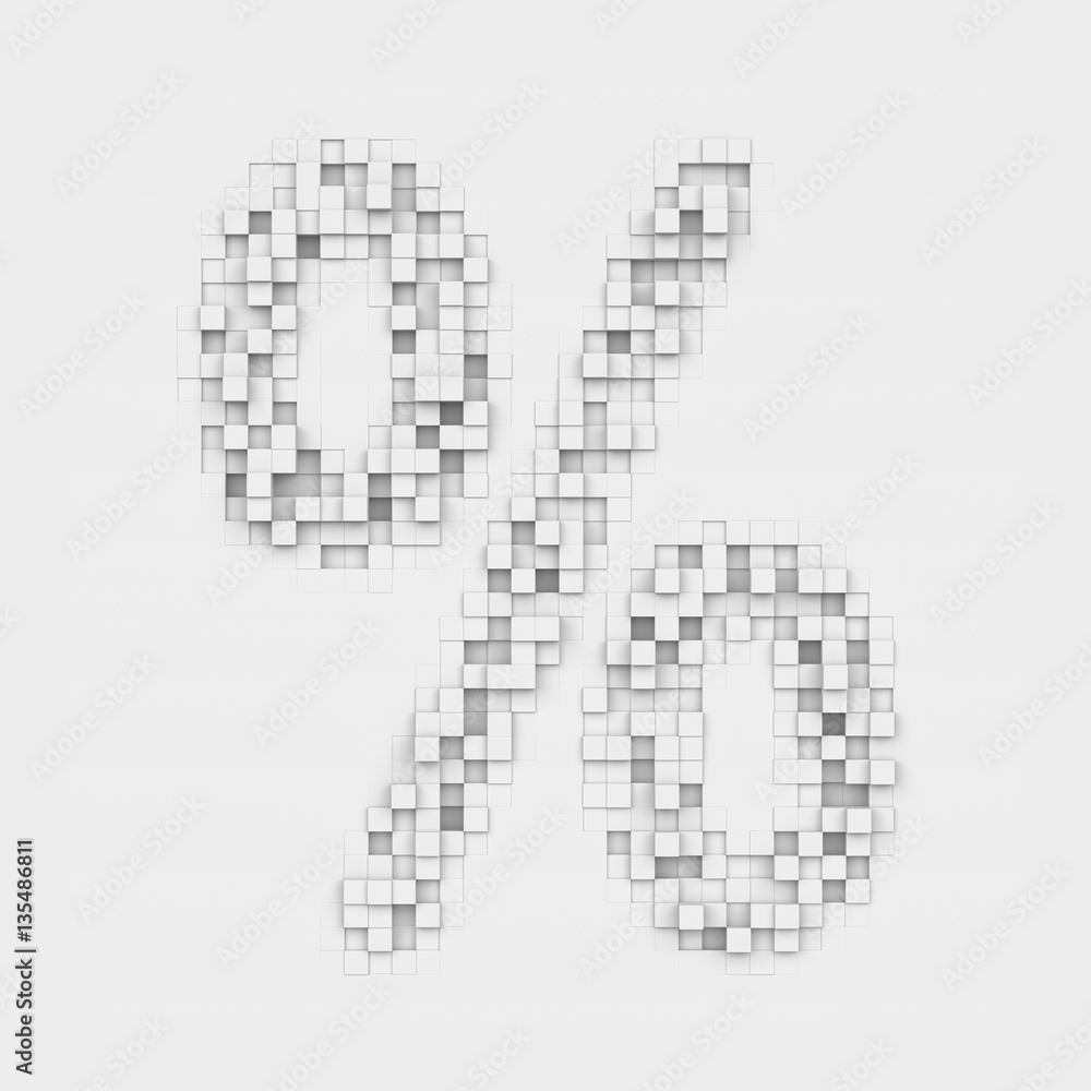 Poster rendering large percentage symbol made up of white square uneven tiles
