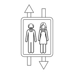 monochrome contour with double sign arrow with bald man with beard and woman with long hair . Vector illustration