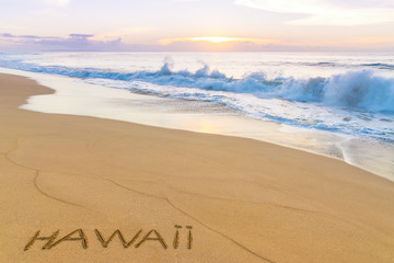 Hawaii text written on Polihale beach State Park, Kauai island, Hawaii