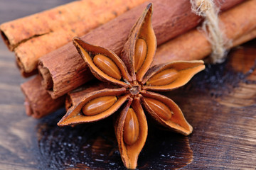 Anise star with group of cinnamon sticks