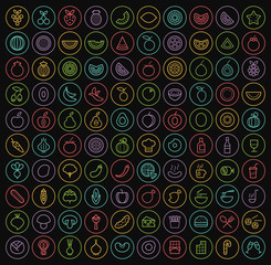 Set of 100 Isolated Minimal Modern Simple Elegant Color Stroke Icons on Black Background ( Fruits , Vegetables and other Food )