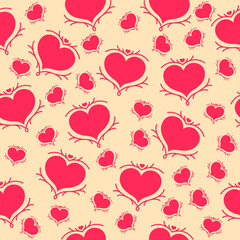 Vector seamless pattern of red hearts on yellow background