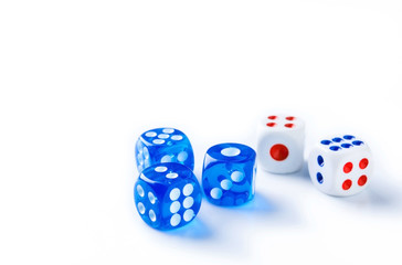 blue and white dices on light background
