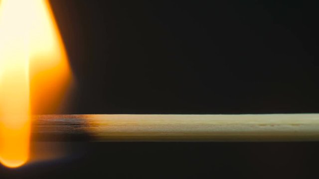 Burning wooden stick, toothpick. Black background. Extreme macro shot
