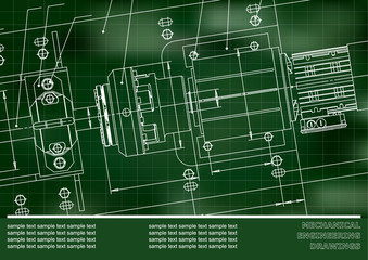 Mechanical engineering drawings on a green background. Vector. Grid. Cover, Background for inscription labels
