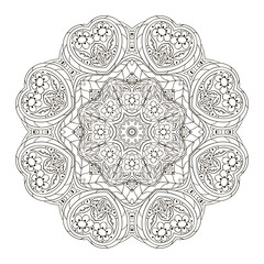 Mandala. Zentangl. Round ornament for creativity. Oriental motifs. Relax, meditation. Flower. Coloring