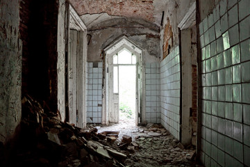 Old rotten doorway of an abandoned mansion of Khvostov  in gothic style 