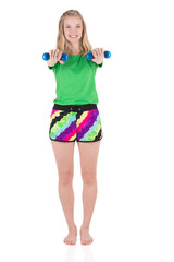 Blond girl wearing shorts and a t-shirt standing with straight h