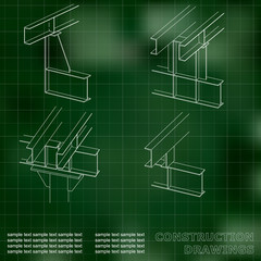 3D metal construction. The beams and columns. Cover, background for inscriptions. Construction drawings. Green. Grid