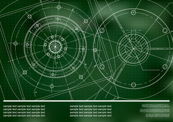 Vector Mechanical engineering drawings on a green background. Cover, Background for inscription labels. Corporate Identity. Points