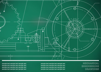 Vector drawing. Mechanical drawings on a light green background. Engineering illustration. Corporate Identity