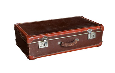 Old red suitcase isolated on white background