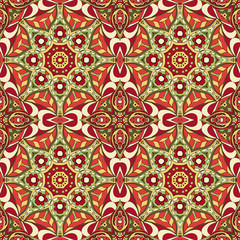 Seamless Mandala. Zentangl. Seamless ornament for creativity. Oriental motifs. Relax, meditation. Flower. Red and green tone