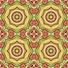 Seamless Mandala. Seamless oriental pattern. Doodle drawing. Hand drawing. Yoga, relaxation, floral motifs. Yellow and red