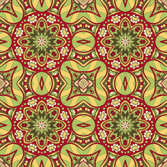 Seamless Mandala. Seamless oriental pattern. Doodle drawing. Hand drawing. Snowflake, floral motifs. Yellow and red colors