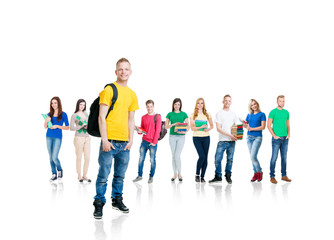 Obraz premium Large group of teenage students isolated on white background. Many different people standing together. School, education, college, university concept.