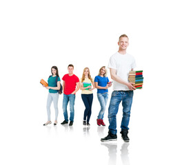 Obraz premium Large group of teenage students isolated on white background. Many different people standing together. School, education, college, university concept.