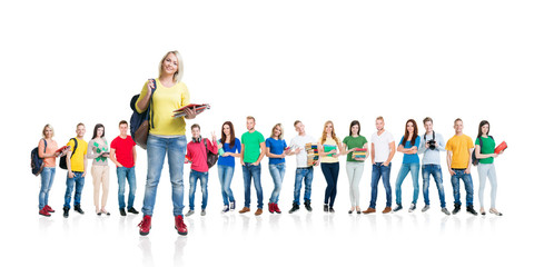 Obraz premium Large group of teenage students isolated on white background. Many different people standing together. School, education, college, university concept.
