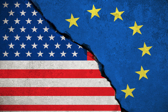 blue european union EU flag on broken wall and half usa united states of america flag, crisis trump president and europe euro