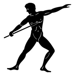 Greek style drawing. Naked men throwing a spear. Isolated blask drawing on a white background. © migfoto