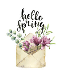 Watercolor old envelope with spring greenery, eucalyptus and magnolia. Hand painted floral card with flower, silver dollar eucalyptus and herbs on white background. For design, print or fabric.